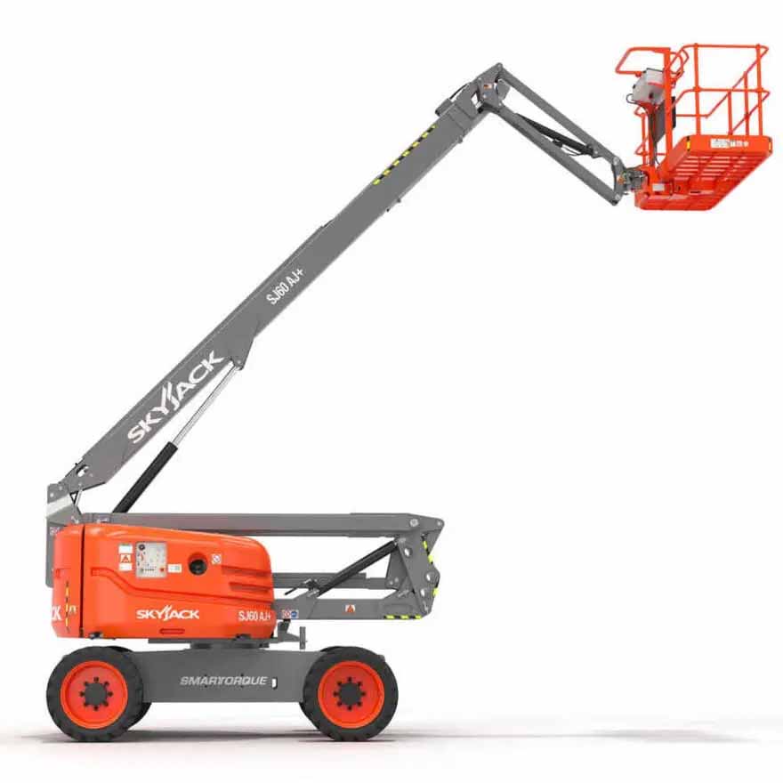 Articulating boom lift with elevated basket for high-reach access work on commercial and industrial sites
